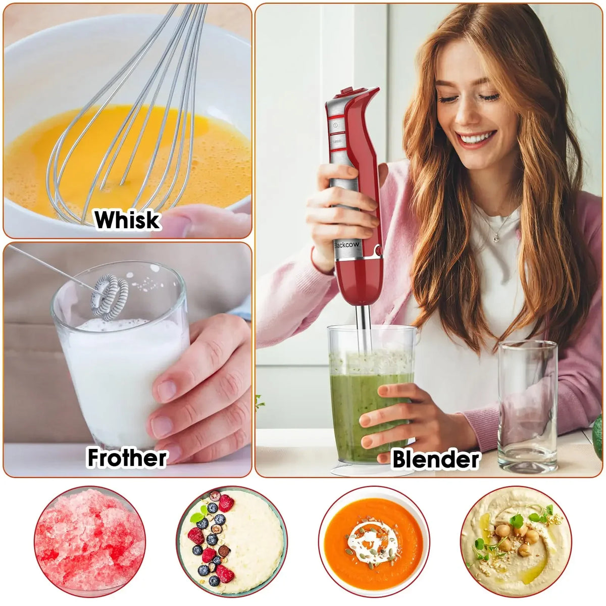Immersion Blender 5 in 1 Hand Blender Max 800W, 6 Speed Mode Handheld Blender Stainless Steel Blade With Mixing Beaker, Chopper