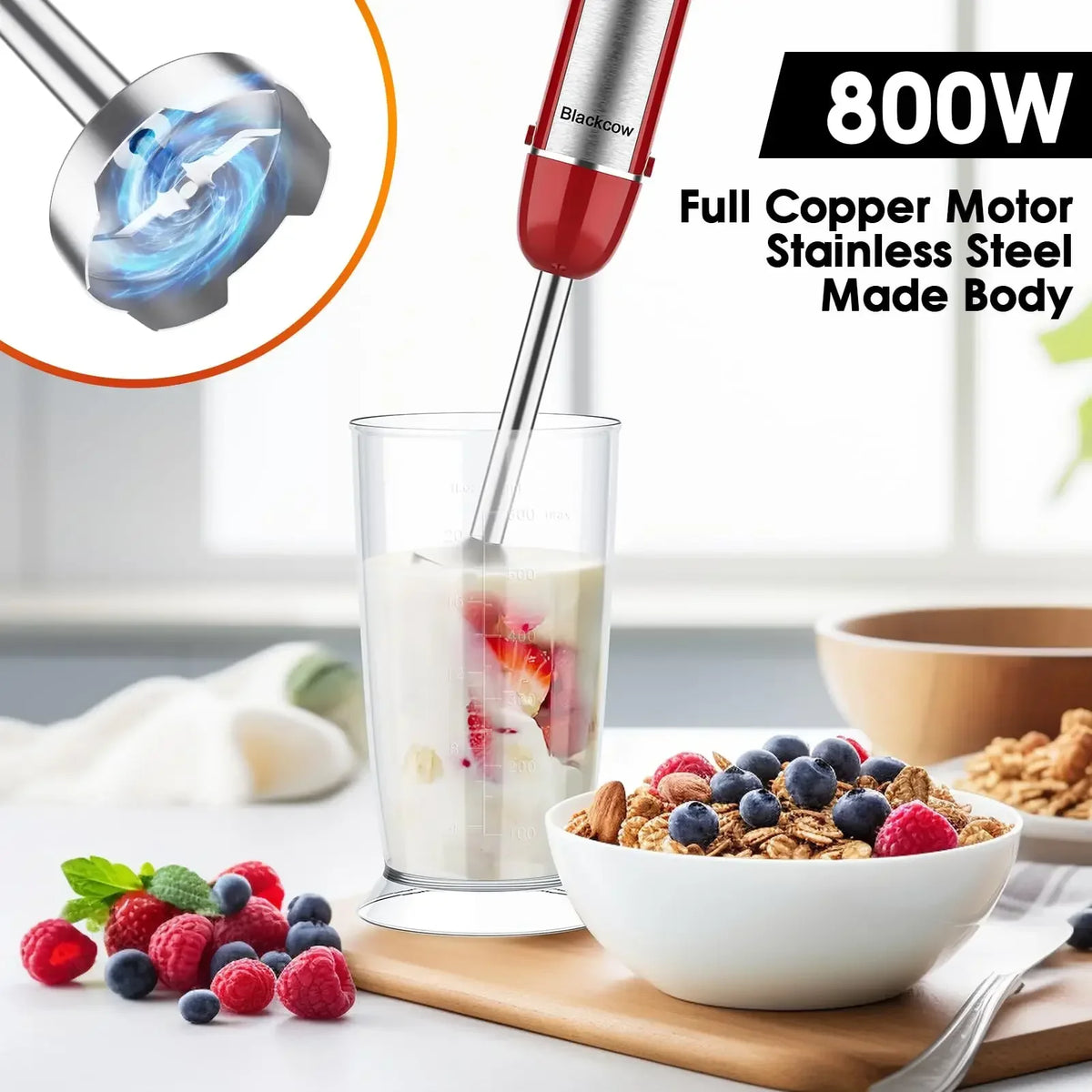 Immersion Blender 5 in 1 Hand Blender Max 800W, 6 Speed Mode Handheld Blender Stainless Steel Blade With Mixing Beaker, Chopper