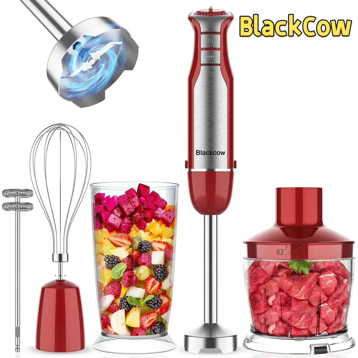 Immersion Blender 5 in 1 Hand Blender Max 800W, 6 Speed Mode Handheld Blender Stainless Steel Blade With Mixing Beaker, Chopper